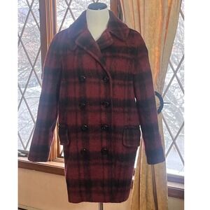 Coach Womens Plaid Wool‎ Alpaca Blend Double Breasted Pea Coat Burgundy Black M